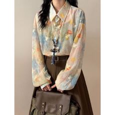 批发春秋日系慵懒风彩色印花蝴蝶<b class='q'>刺绣</b>微透罩衫长袖<b class='q'>衬衫</b>上衣女文艺宽松