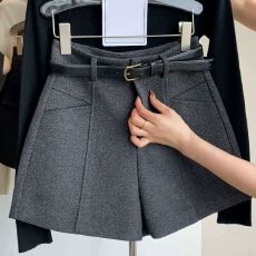 批发灰色高腰毛呢短裤女秋冬新款<b class='q'>百搭</b>外穿显瘦a字裤休闲靴裤子