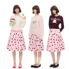 批发蔓越莓复古粉底红波点半身裙秋冬中长款百褶裙减龄甜美A字裙<b class='q'>百搭</b>