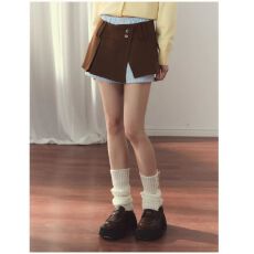 批发甜美百搭拼接撞色条纹假两件裙裤微开衩压褶A字裙时尚度百搭