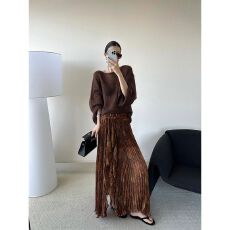 批发法式复古咖色立裁百褶裙春秋新款小众设计感不规则弹力开叉半身裙