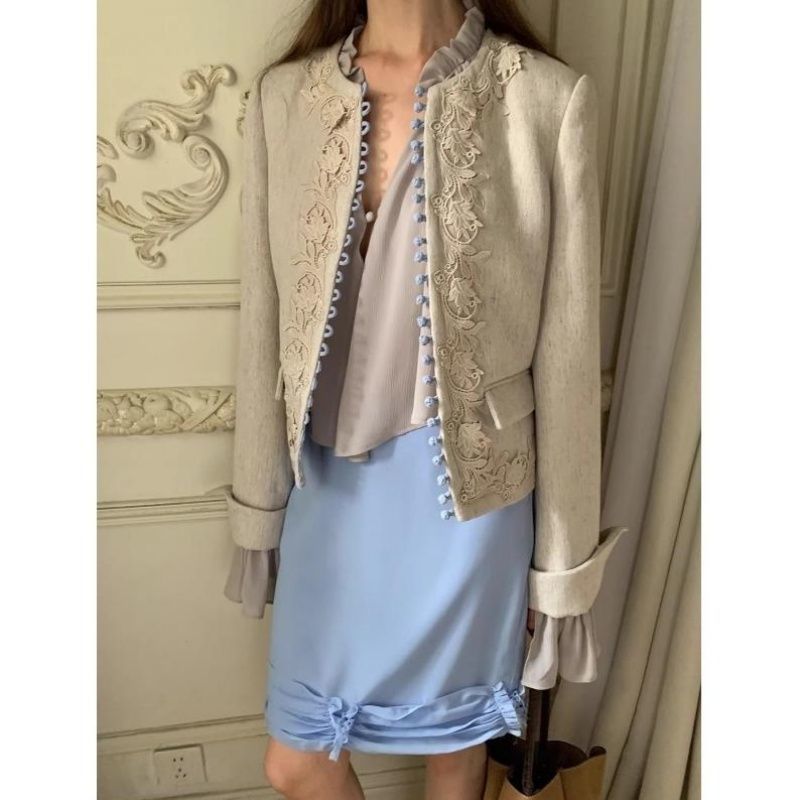 패션 품격 디자인 센스 부드러운 안개 블루 보라색 펌프 Pleat 거친 가장자리 패치워크 느긋한 중간 허리 슬림해 보이는 스트레이트 반신 스커트 여성