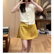 批发大码胖MM姜黄色<b class='q'>亚麻</b>低腰短裙女夏修身显瘦气质防走光包臀半身裙裤