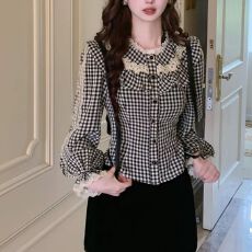 批发精致蕾丝点缀温柔法式格纹收腰<b class='q'>衬衫</b>显瘦设计感风情<b class='q'>娃娃领</b>长袖上衣