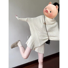 批发新款女秋<b class='q'>冬</b>高领不规则宽松斗篷毛衣外套设计感半身裙两件套