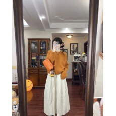 批发橘色拉链毛衣开衫外套女秋<b class='q'>冬</b>宽松慵懒风早秋chic半身裙两件套