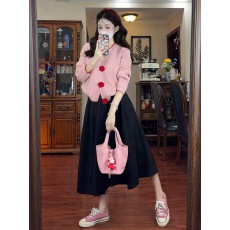 批发法式甜美<b class='q'>立体</b><b class='q'>花朵</b>长袖针织开衫女巨好看的毛衣外套半身裙两件套