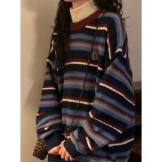 批发撞色条纹毛衣女秋冬款字母绣标复古休闲减龄圆领宽松针织衫慵懒风