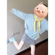 韩系撞色连帽仿貂毛针织衫女2025秋冬新款设计感毛衣半身裙两件套