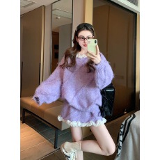 批发紫色花边毛衣套装女2025新款<b class='q'>秋</b>冬高级感韩系慵懒针织半身裙两件套