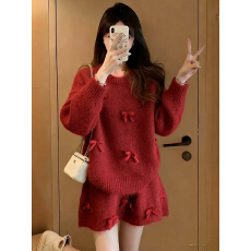 批发红色蝴蝶结毛衣套装女2025新款冬季加厚宽松慵懒针织半身裙两件套