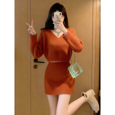 批发2025<b class='q'>秋</b>冬一整套V领针织套装女高级感气质毛衣包臀裙两件套小个子