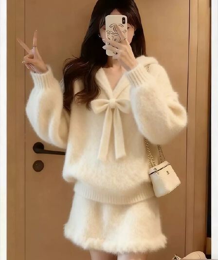 작은 키 가을 겨울철 부드러운 바람 착용 가져 가라. 세트 여성 나비 매듭 달콤함 연령 감소 니트 스웨터 미니 스커트 투피스 세트