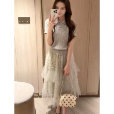 批发日系小个子网纱拼接蛋糕裙女春翻领针织衫蓬蓬高腰<b class='q'>半身</b>裙两件套