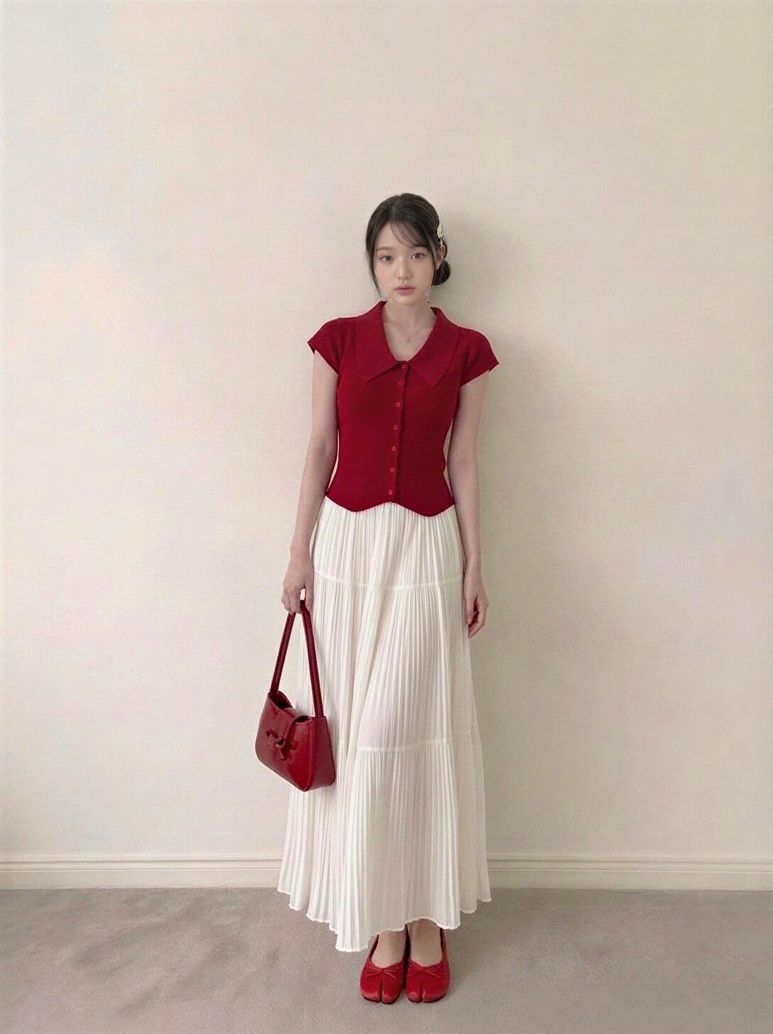 여름 새로운 빨간색 POLO 칼라 얼음 실크 폴로 칼라 민소매 플리츠 반신 스커트 빅 플레어 스커트 롱 스커트 투피스 세트