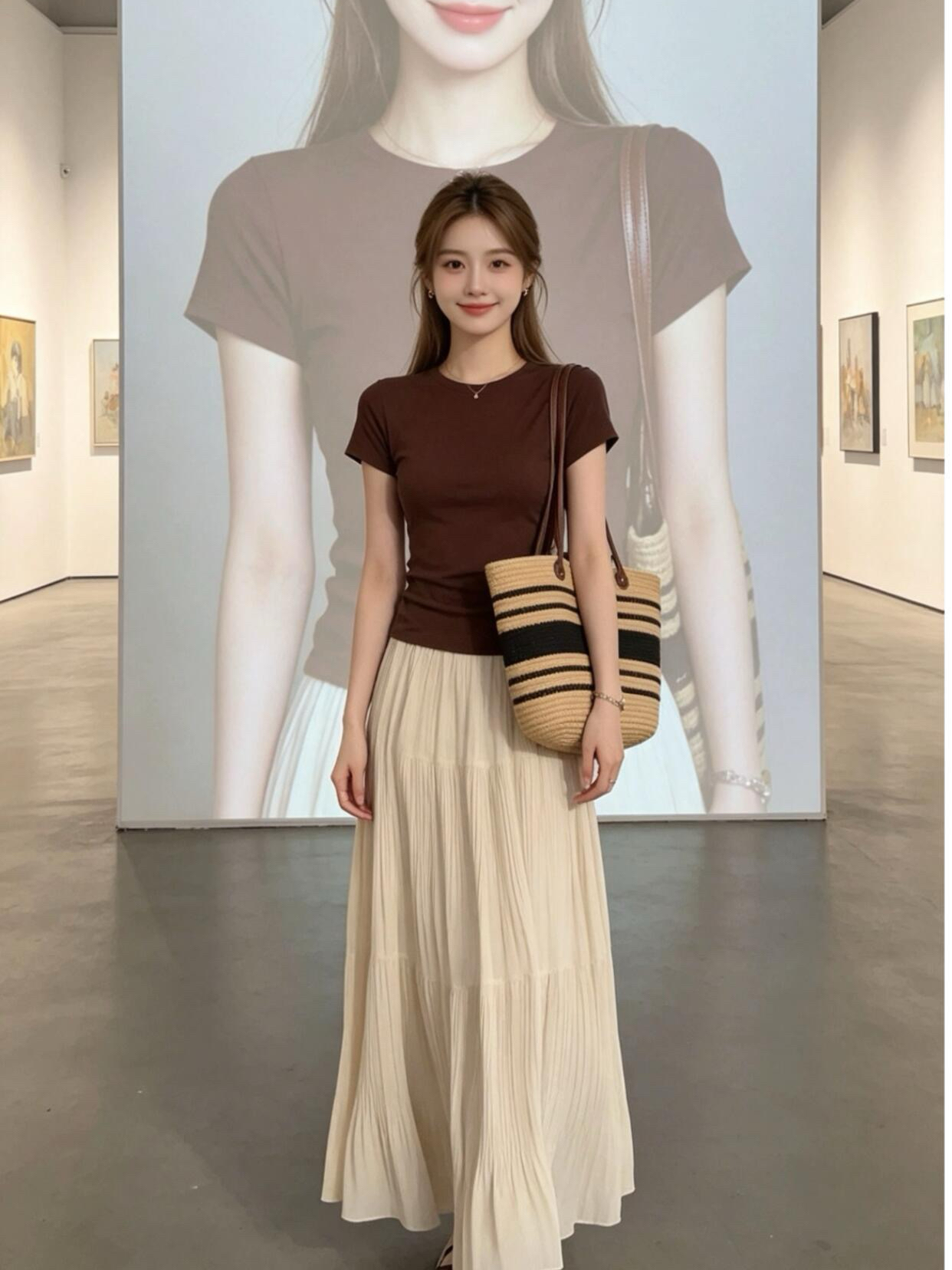 로얄 자매 빛 요리 한 바람 세트 여성 여름 새로운 커피 색상 반팔 니트 스웨터 플리츠 반신 롱 스커트 슬림해 보이는 투피스 세트