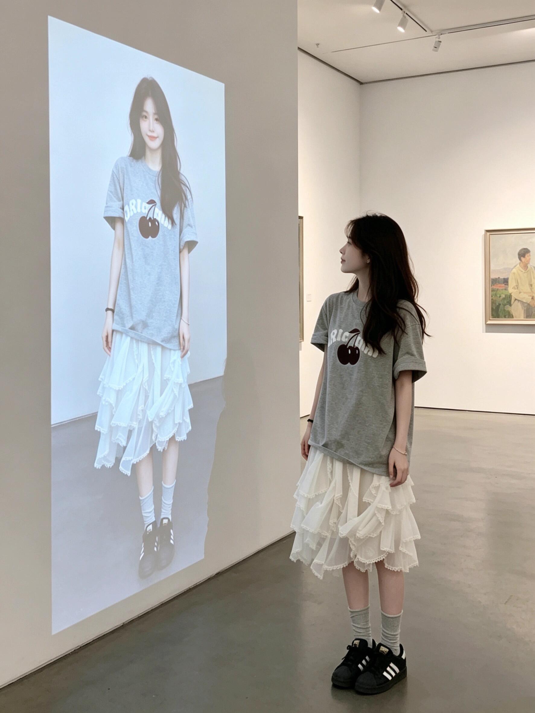 한 부서 ins 디자인 센스 회색 프린트 맨위 여성 여름 2026 새로운 불규칙 레이스 반신 스커트 투피스 세트