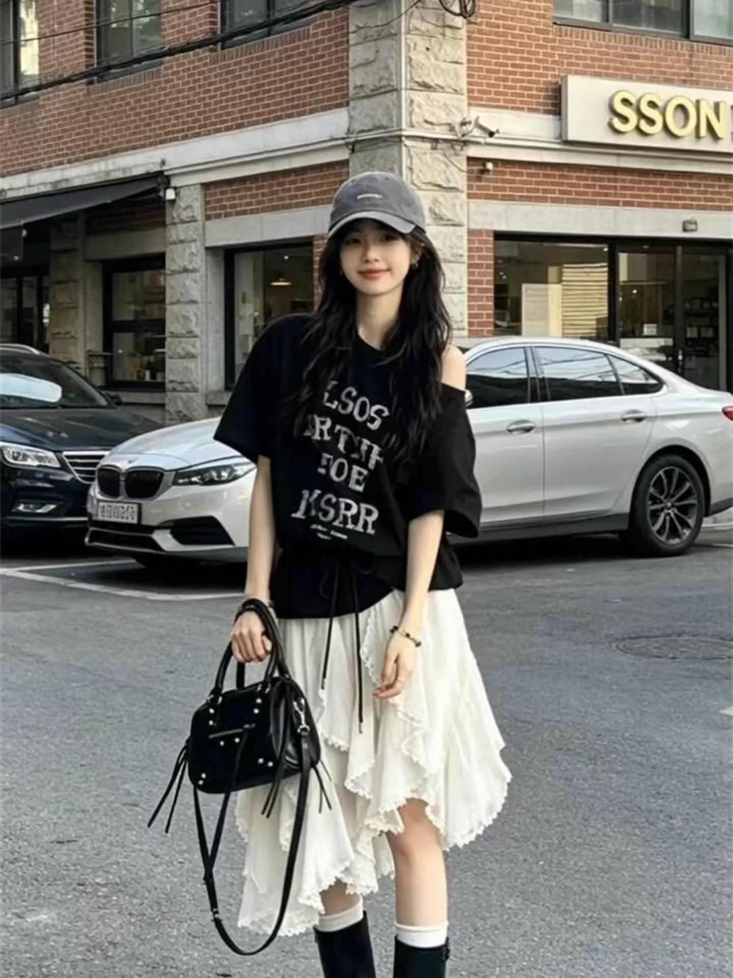 한국 스타일 패션 세트 드레스 여성 프릴 불규칙 망사 반신 스커트 알파벳 프린트 오프숄더 티셔츠 투피스 세트
