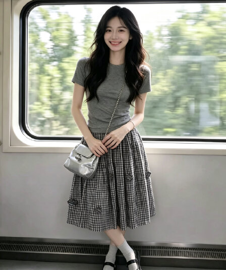 한 부서 디자인 센스 캐주얼 스포츠 슈트 여성 여름 허리 수축 긍정적 인 어깨 반팔 티셔츠 체크무늬 중간 길이 스커트 투피스 세트