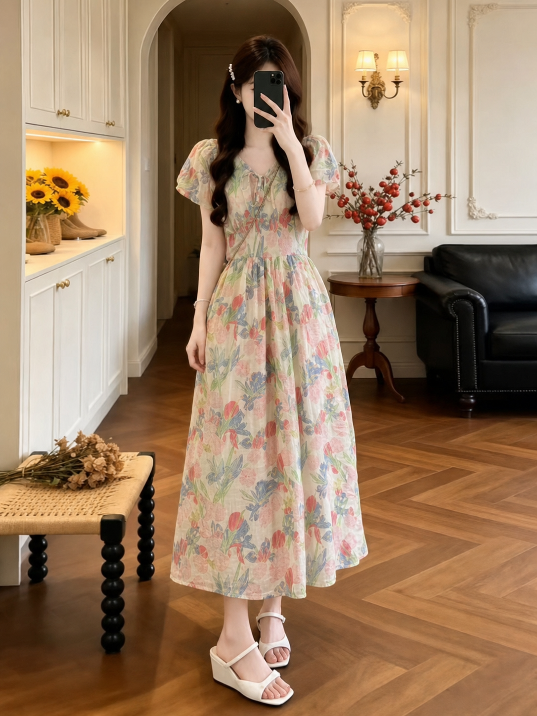 RY7554# 油画风茶歇法式V领泡泡袖连衣裙女夏季田园风收腰显瘦碎花长裙