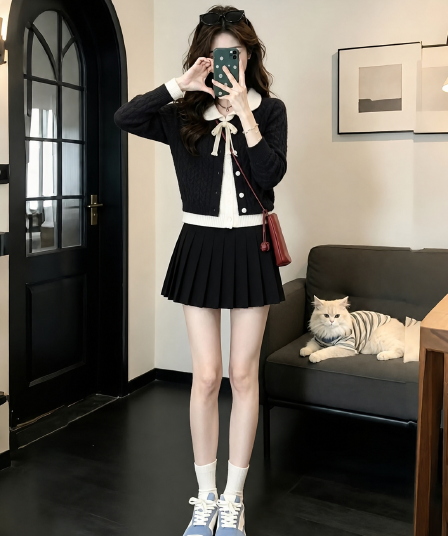 한 부서 고급 센스 달콤함 외국 가스 검정색 페이크 레이어드 나비 매듭 니트 스웨터 슬림해 보이는 반신 스커트 투피스 슈트