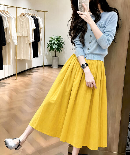 한 부서 전체 집합 ootd 착용 가져 가라. 부드러운 바람 페이크 레이어드 파란색 니트 오픈 가디건 반신 스커트 이른 가을 아름다운 세트