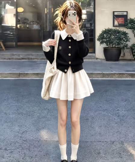 학원 스타일 이른 가을 착용 가져 가라. 전체 집합 배색 패치워크 페이크 레이어드 오픈 가디건 스웨터 플리츠 반신 치마 투피스 세트
