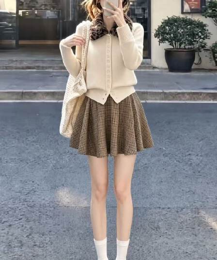 레오파드 무늬 폴로 칼라 긴팔 스웨터 여자 가을 겨울 느긋한 고급 센스 니트 오픈 가디건 맨위 체크무늬 반신 스커트 투피스 세트