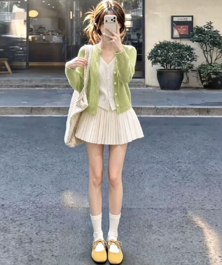 박하 남자 웨이브 녹색 페이크 레이어드 스웨터 여성 코트 가을 겨울 한 부서 부드러운 니트 오픈 가디건 반신 치마 세트