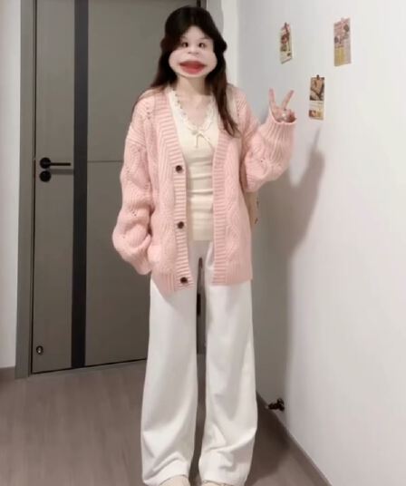 느긋한 바람 핑크색 스웨터 여성 코트 가을 2026 새로운 한 부서 고급 루즈핏 니트 오픈 가디건 맨위 세트