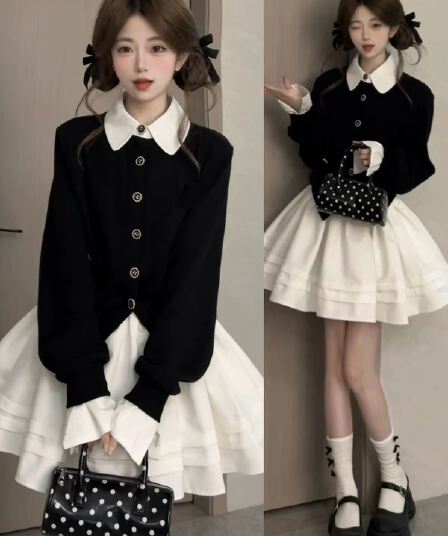 한 부서 학원 스타일 배색 페이크 레이어드 여성 드레스 봄 가을 자이언트 잘 생긴 플리츠 치마 착용 가져 가라. 에이즈 환자 세트
