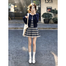 批发法式学院风花边格纹无袖连衣裙女针织毛衣开衫复古显瘦修身<b class='q'>两件套</b>