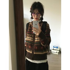 批发复古费尔岛撞色毛衣开衫女<b class='q'>外套</b>秋装新款<b class='q'>韩版</b>长袖针织上衣