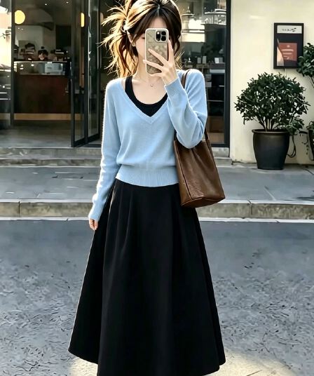 자이언트 잘 생긴 ~ 중 빛 요리 한 이른 가을 배색 페이크 레이어드 긴팔 니트 오픈 가디건 여성 가을 겨울 스웨터 반신 스커트 투피스 세트