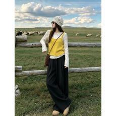 批发韩系甜美三件套女小花长袖打底针织吊带抽绳阔腿裤叠穿慵懒套装