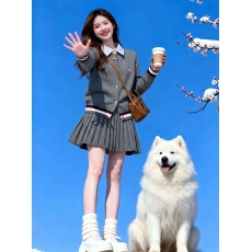 批发韩系学院风假两件上衣女2026秋冬针织开衫拼接<b class='q'>条纹</b>衬衫百褶<b class='q'>裙</b>套装