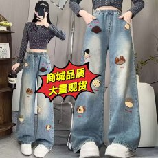 批发可爱牛仔长裤宽松紧高腰直筒阔腿裤显瘦裤加肥大码女装