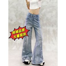 批发设计感美式重工<b class='q'>钉珠</b>烫钻<b class='q'>牛仔裤</b>女高腰直筒宽松显瘦休闲阔腿裤