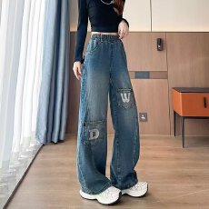 批发重工拼条水洗阔腿牛仔裤女2026春季新款高腰显瘦直筒拖地裤