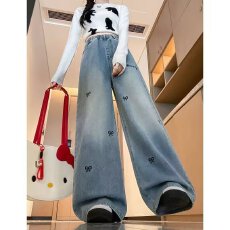 批发复古做旧刺绣阔腿牛仔裤女设计感2026春新款松紧腰抽绳拖地直筒裤