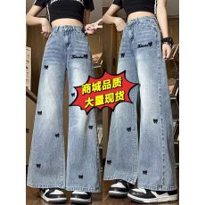 批发刺绣蝴蝶结牛仔长裤宽松紧高腰直筒阔腿显瘦加大码女装
