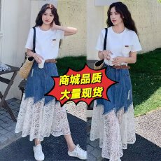 批发高级小众不撞款穿搭蕾丝拼接牛仔半身裙短袖套装女夏巨好看一整套