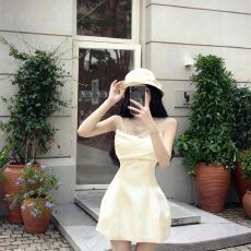 批发网纱拼接镶钻<b class='q'>无袖</b>背心连衣裙女秋季法式收腰礼服裙子修身a字短裙