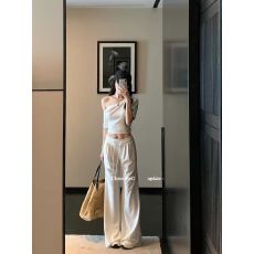 批发何晨曦 姐系魅力套装新款白色修身斜肩短款上衣宽松运动<b class='q'>阔腿裤</b>子