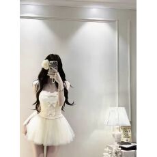 批发纯欲辣妹风性感时尚自带胸垫蝴蝶结抹胸上衣+a字网纱蓬蓬蛋糕裙女