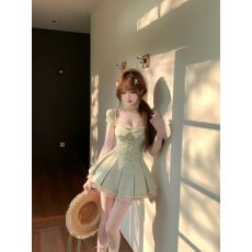 批发尤美子STAZF7 胖mm<b class='q'>甜美</b>气质方领泡泡袖连衣裙女春季纯欲条纹a字裙