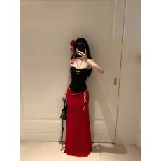 批发GeGe Shop御姐气质鱼骨抹胸背心女夏季显白红色半身裙套装