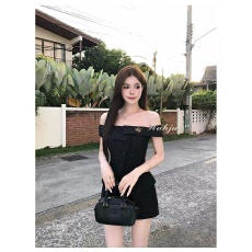 批发画解WAHJU 办公lady 夏季不规则一字肩设计收腰显瘦上衣女A字半裙