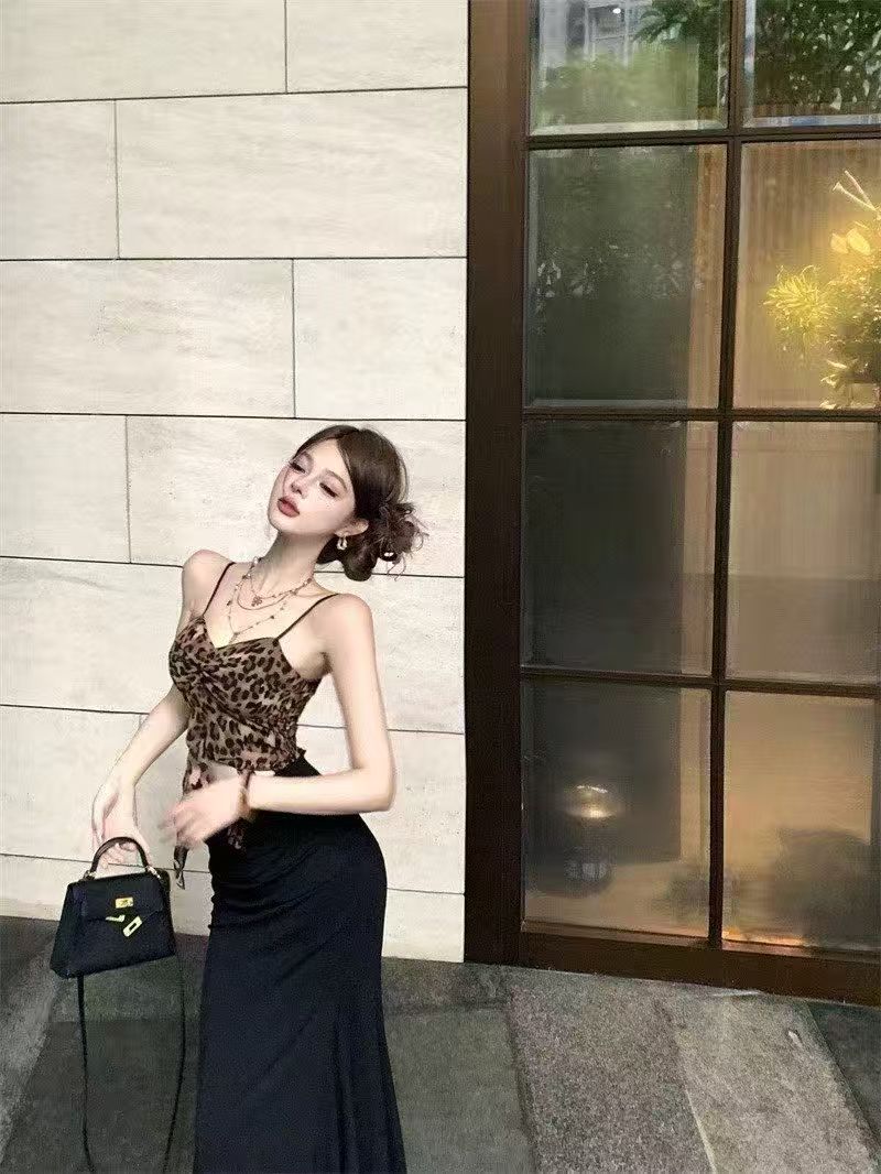 순수한 욕망 핫걸 비틀림 레오파드 무늬 튜브탑 맨위 불규칙 캐미솔 몸매 가꾸기 타이트 스커트 인어 꼬리 반신 스커트 세트