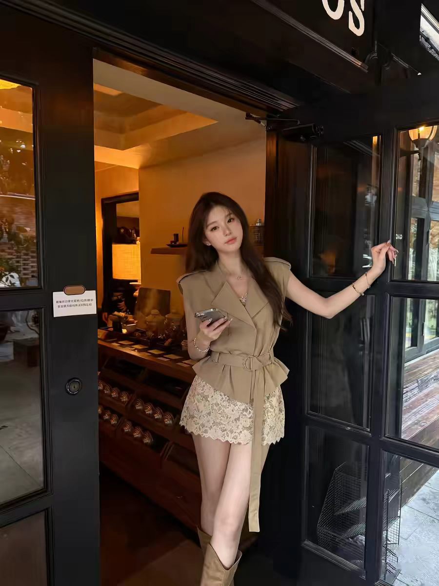 작은 p 의류 역 프랑스식 빛 럭셔리 바람 세트 여성 여름 레이스 슬립 드레스 민소매 허리 수축 베스트 재킷 투피스 세트